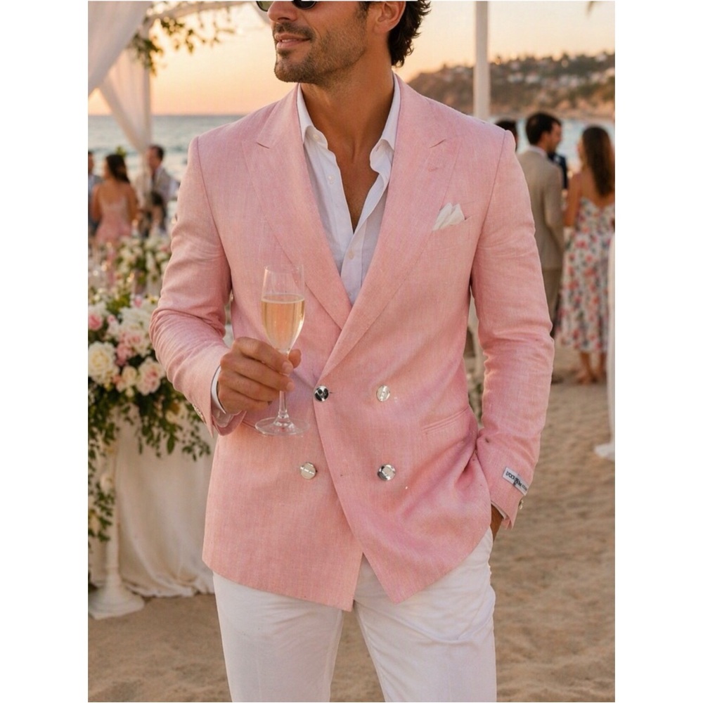 INTERNATIONAL SCENE Men 100% Linen Blazer XL Double Breasted Groom Wedding Guest